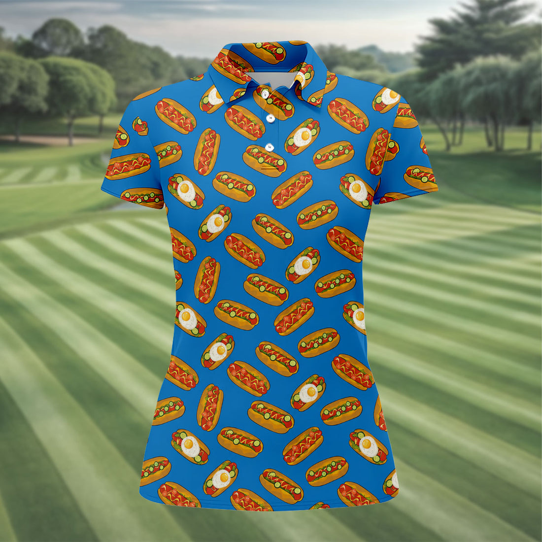 Blue Hot Dog And Fried Egg Pattern Golf Shirt, Hawaiian Golf Shirt, Golf Tops For Women, Printed Golf Shirt