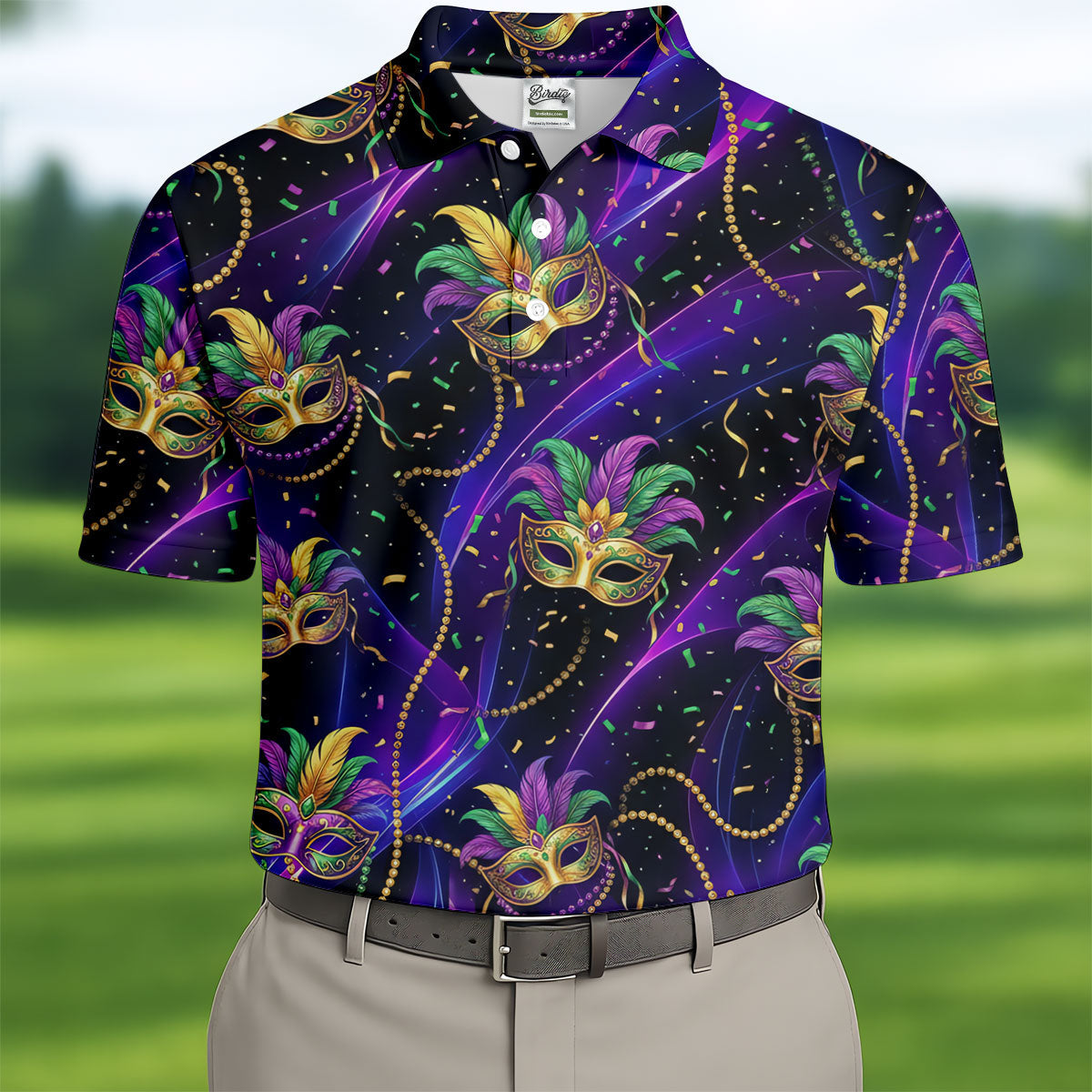 Mardi Gras Carnival Mask Neon Purple Black Golf Shirt, Men's Golf Polo Shirt Golf Shirts For Men