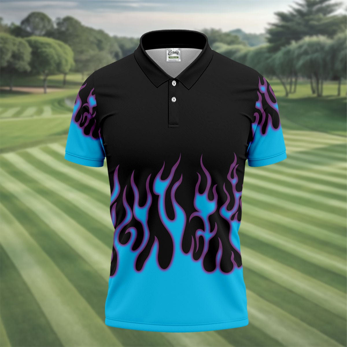 Black Cyan Purple Flame Sleeve Golf Shirt, Golf Shirts For Men, Mens Golf Apparel