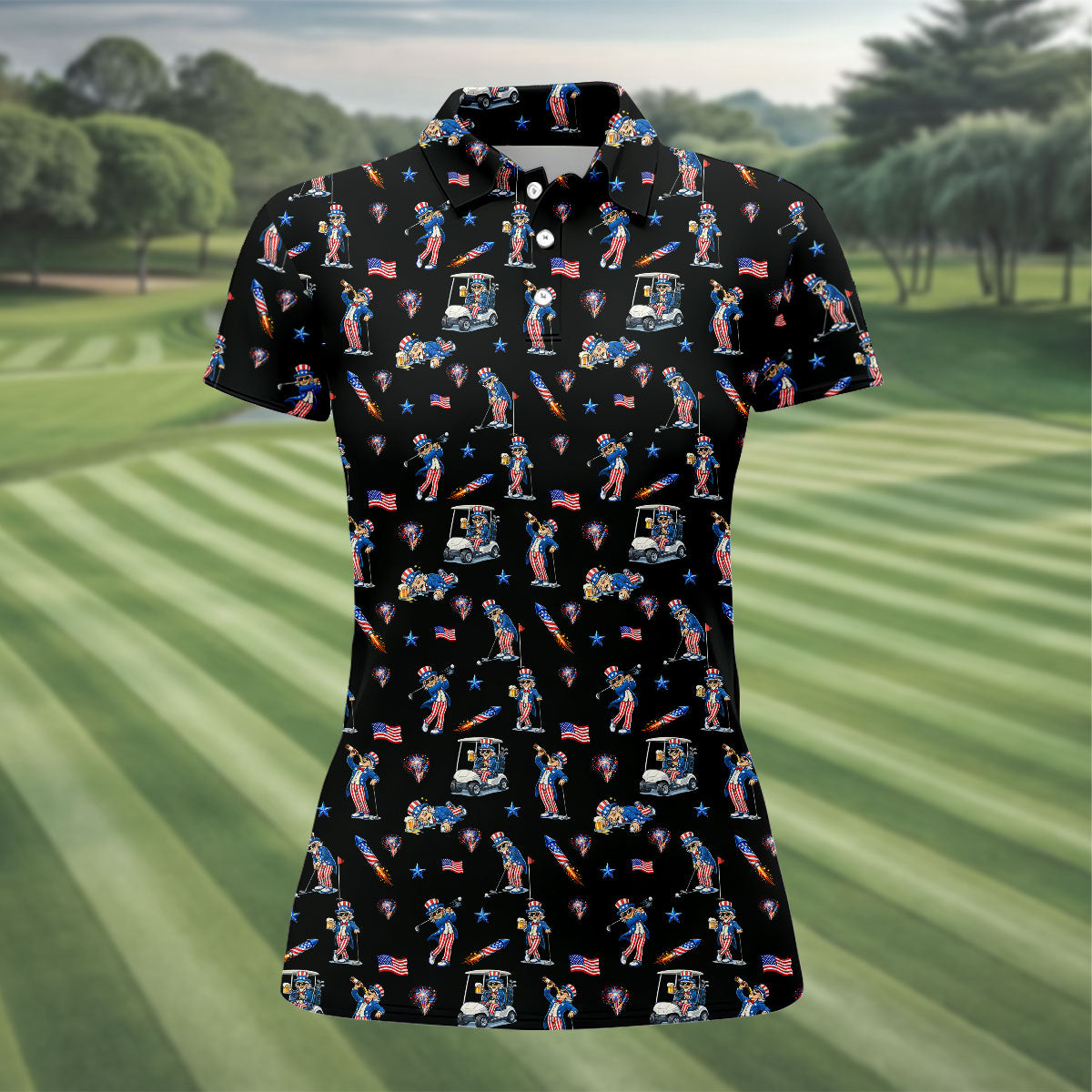 Patriotic Man Golf And Beer Funny 4th Of July Black Golf Shirt, 250 Years Seamless Pattern Women's Golf Tops
