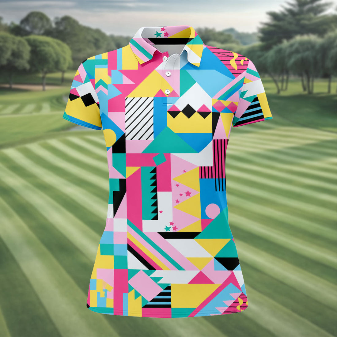 Memphis Pattern Golf Shirt, Retro 80s Geometric Color Block Design, Golf Shirt For Women