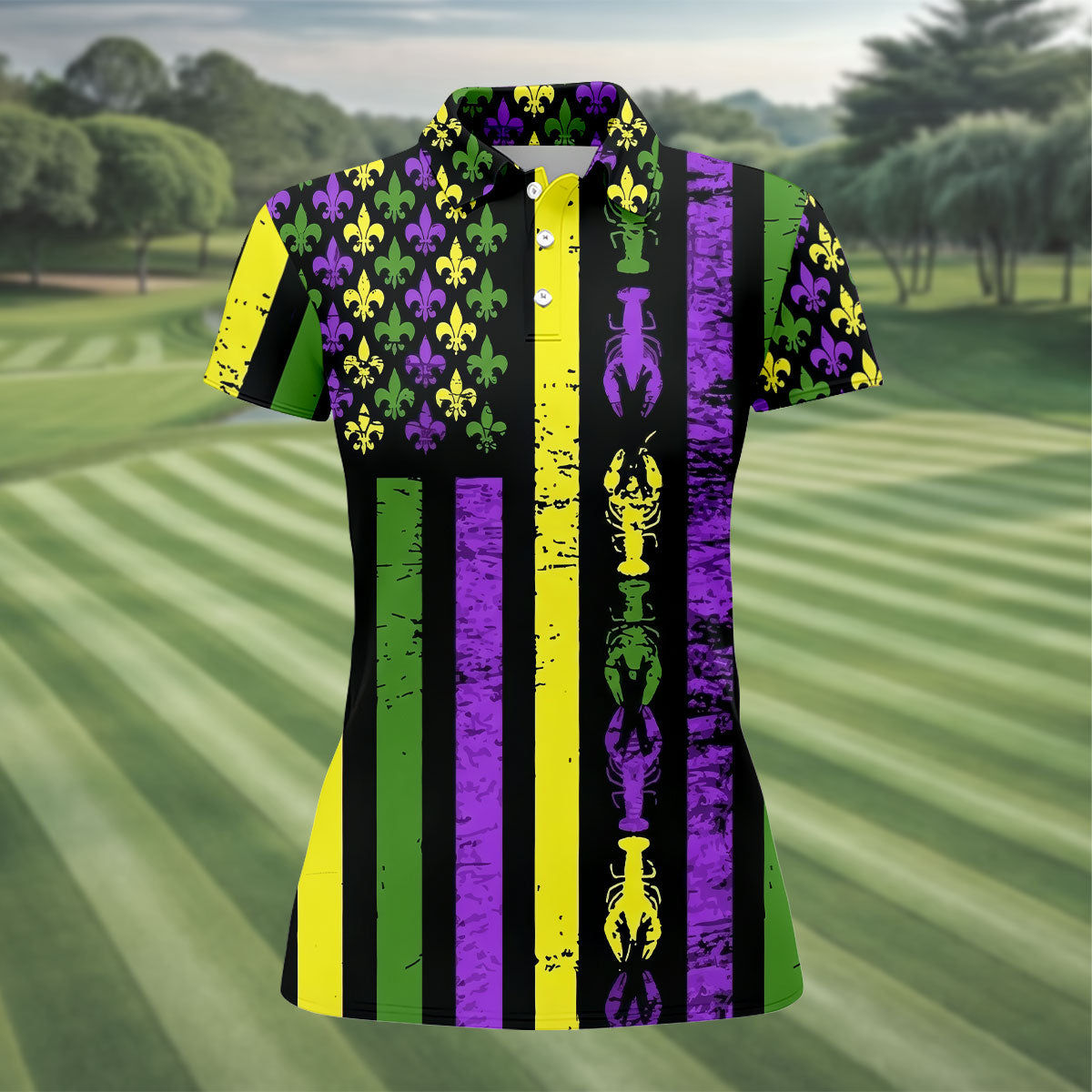 Mardi Gras Flag Fleur-De-Lis Symbol Crawfish Pattern Women's Golf Tops, Women's Golf Shirts, Ladies Golf Polos