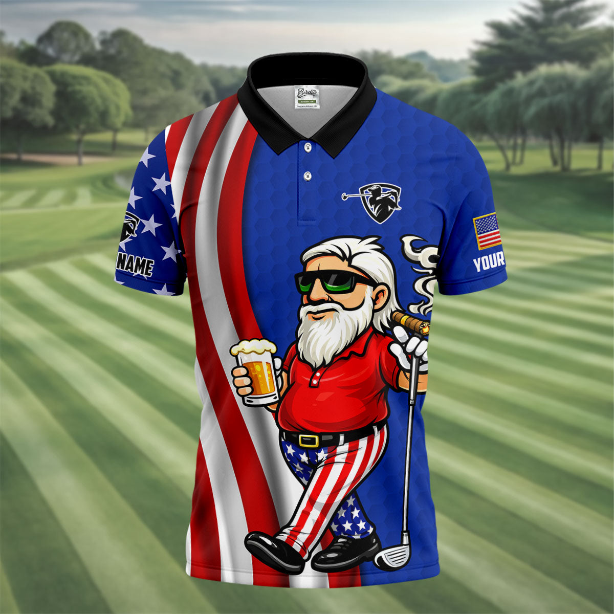 Patriotic Man Golf And Beer Funny 4th Of July Navy Golf Shirt, 250 Years Of America Golf Shirts For Men