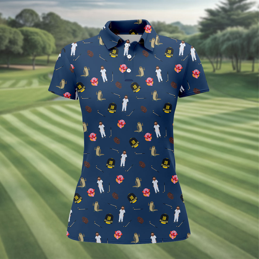 Sport Movie Character Funny Aligator Clown Head Navy Golf Shirt, Fun Women's Golf Shirts, Ladies Golf Shirt