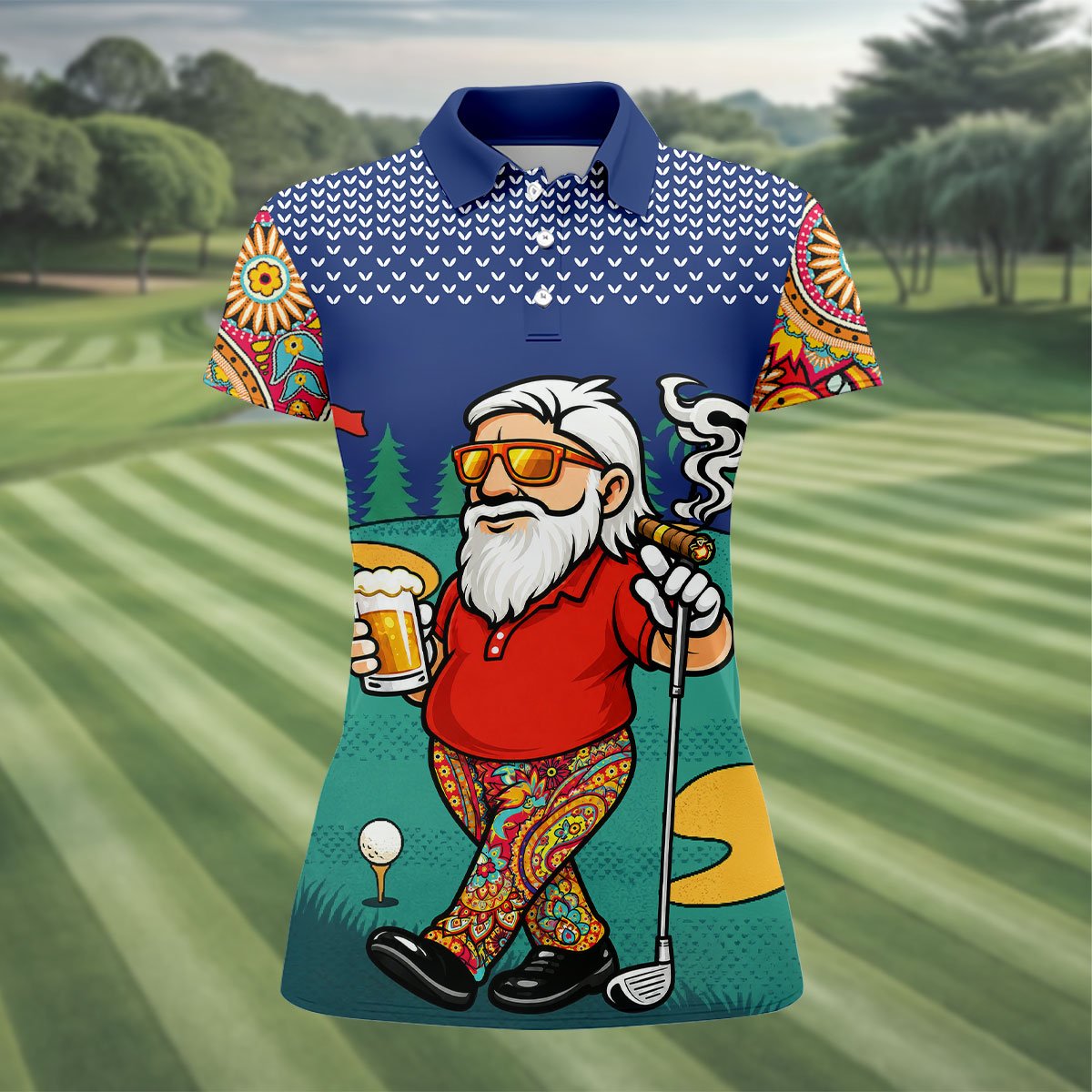 Women's Funny Golf Santa Beer And Cigar Polo Shirt, Hawaiian Golf Shirt, Women’s Golf Polo, Women’s Golf Apparel