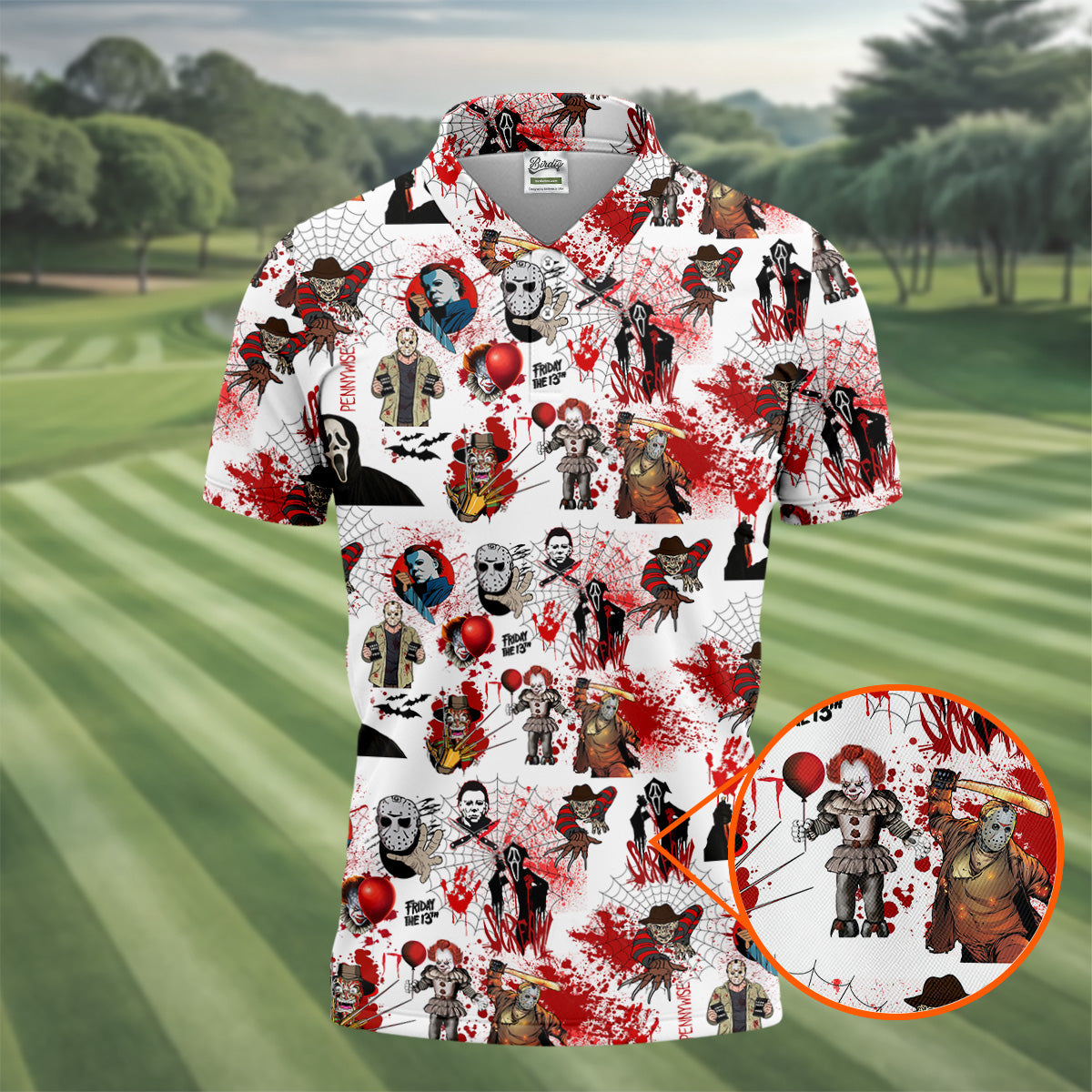 Horror Villain Blood Splatter Print Golf Tops For Men, Halloween Golf Shirt, Polo ShirtFor Men, Golfing Apparel