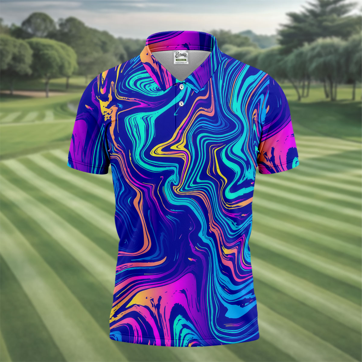 Vibrant Abstract Liquid Pattern Golf Shirt, Mens Polo Shirt, Performance Golf Shirt, Hawaiian Golf Shirt