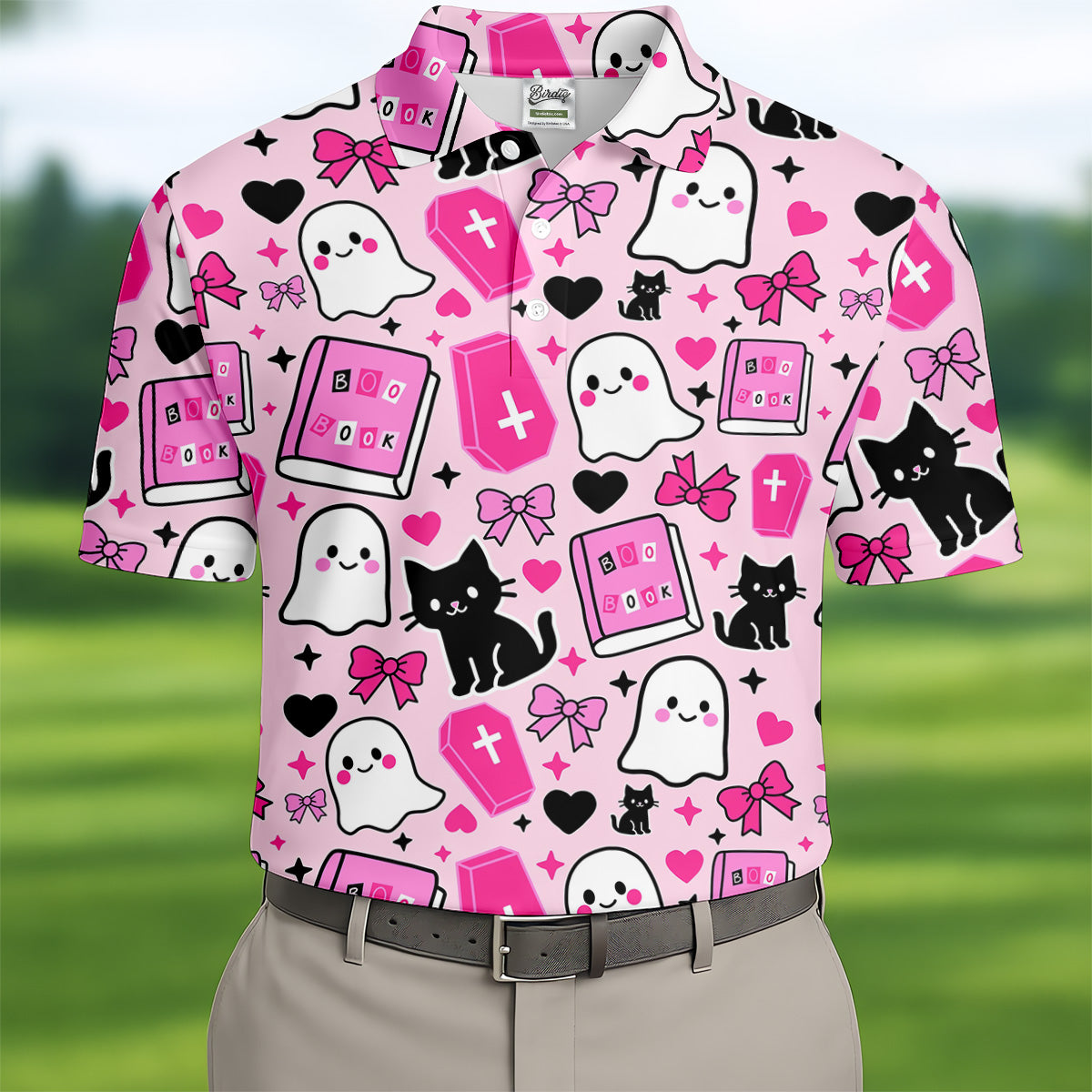 Halloween Boo And Cat Coquette Pink Golf Tops For Men, Fun Golf Shirts For Men, Polo ShirtFor Men