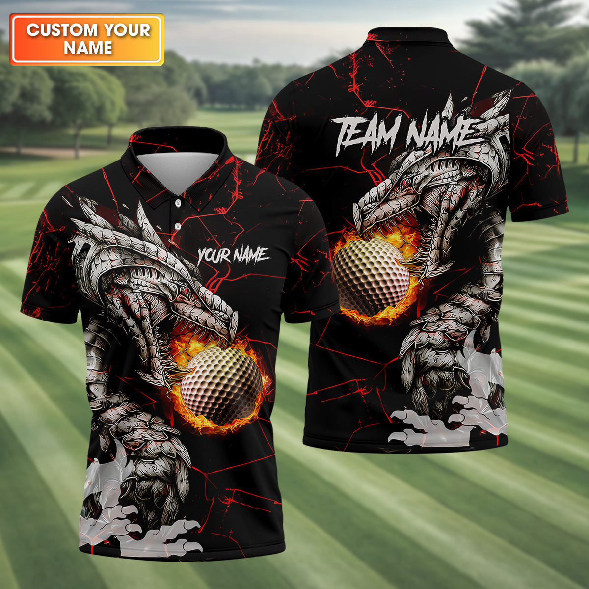 Flaming Dragon Custom Golf Polo ShirtDad Golf Gift, Golf Lover Gifts