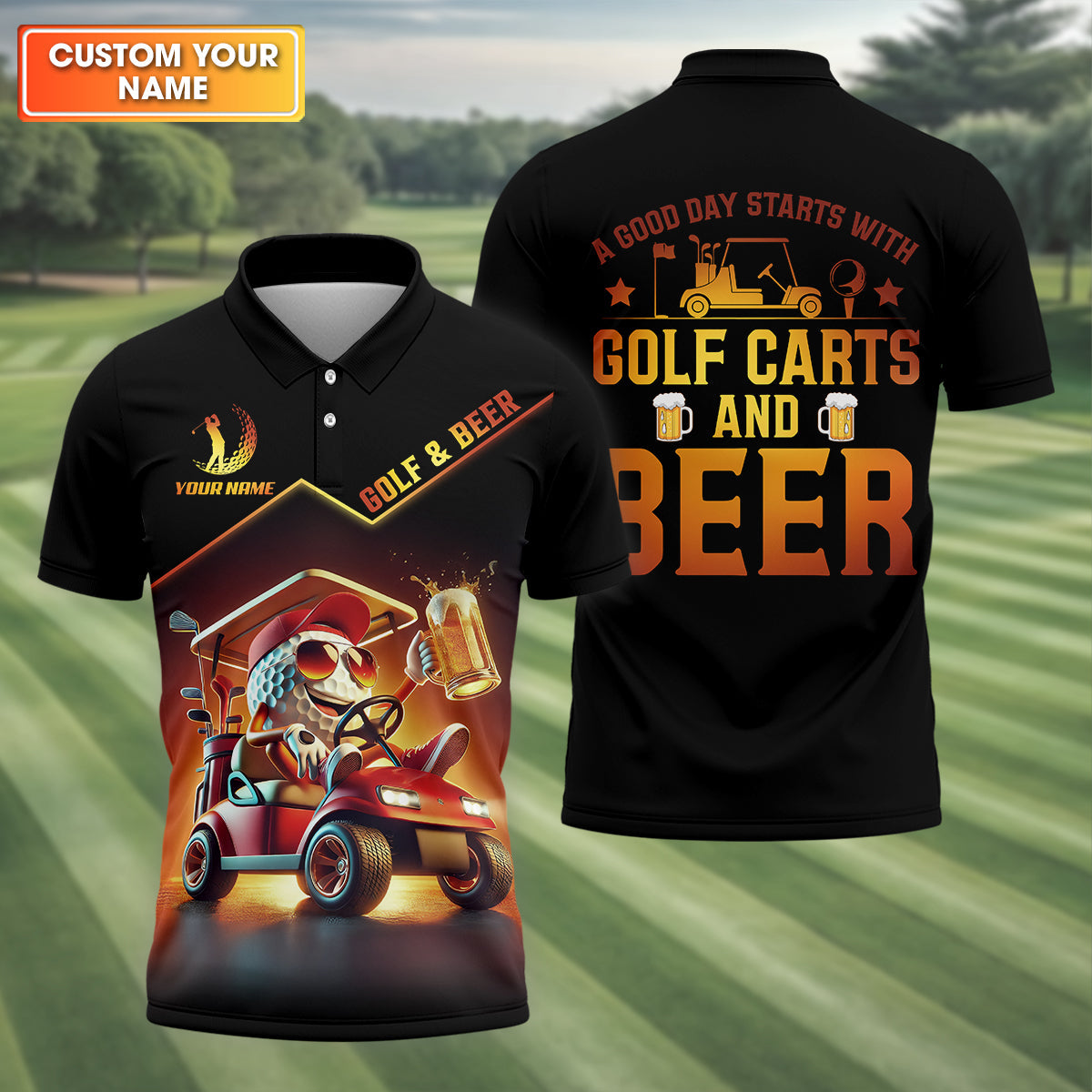 A Good Day Starts With Golf Carts And Beer Funny Golf Polo ShirtChristmas Golf Gift