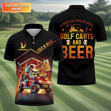 A Good Day Starts With Golf Carts And Beer Funny Golf Polo ShirtChristmas Golf Gift