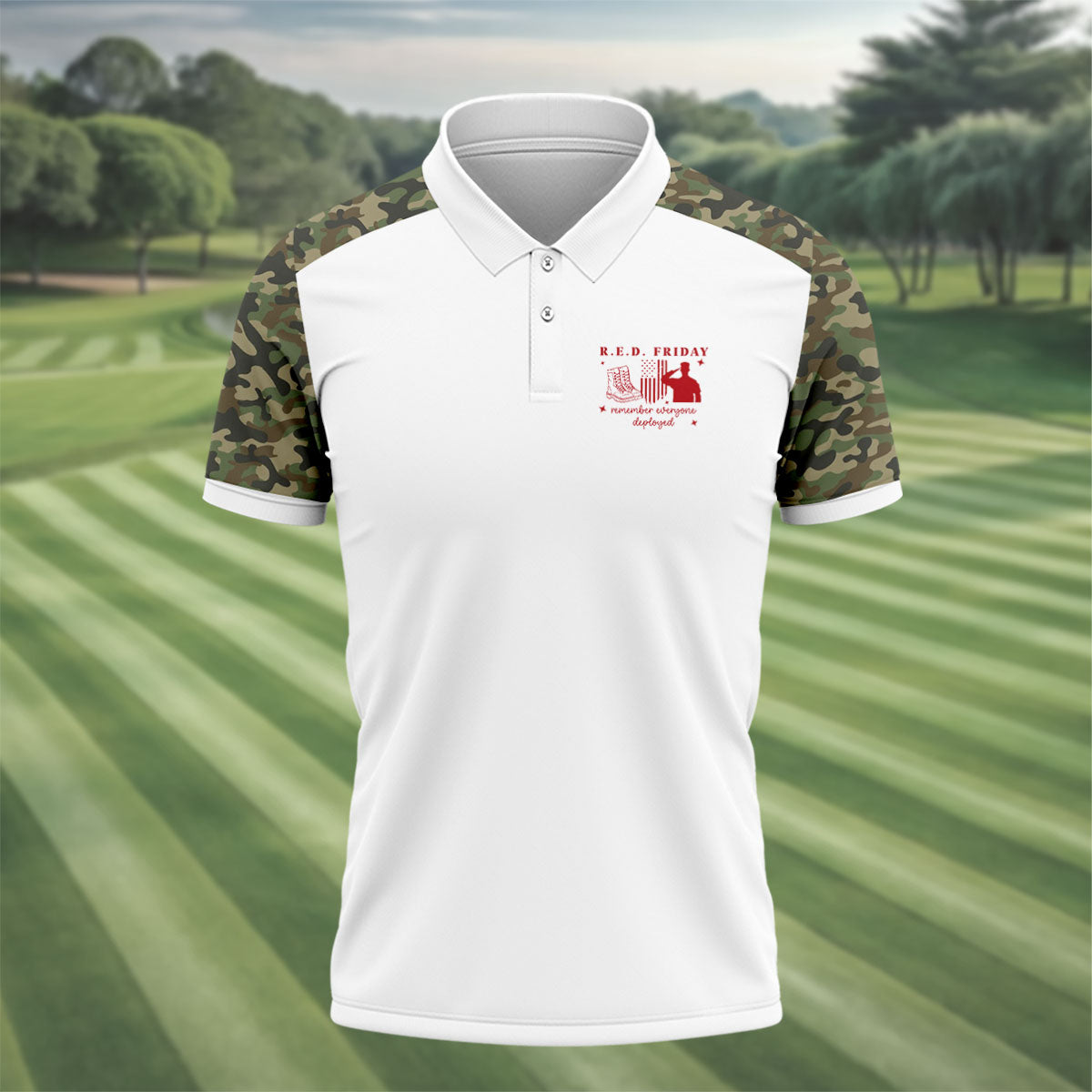 RED Friday Camo White Patriotic 4th Of July Golf Shirt, 250th Anniversary Golf Shirts For Men