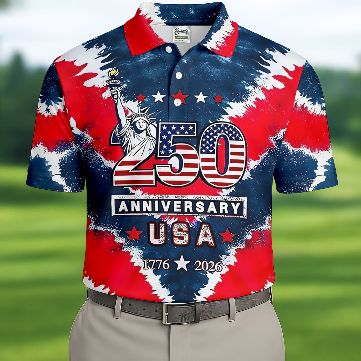 250th Anniversary Red White Blue Tie Dye Print Patriotic Golf Shirt, 4th Of July Golf Shirts For Men
