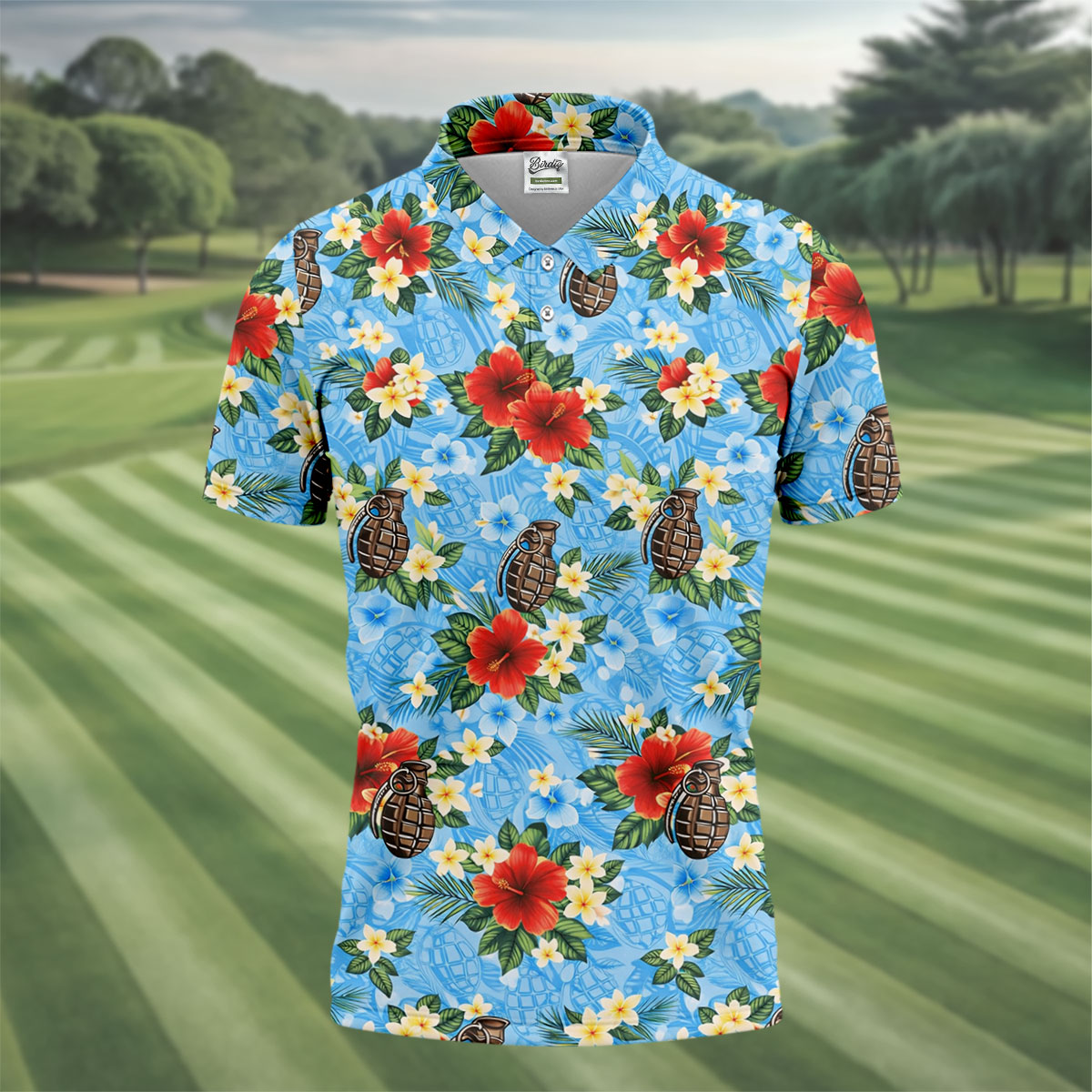 Floral Pattern Army Theme Hawaiian Blue Golf Shirt, Men's Golf Polo ShirtShirts For Men