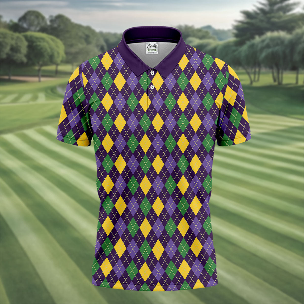 Green Purple Gold Argyle Pattern Mardi Gras Golf Shirt, Polo Shirt Men, Golf Shirts For Men