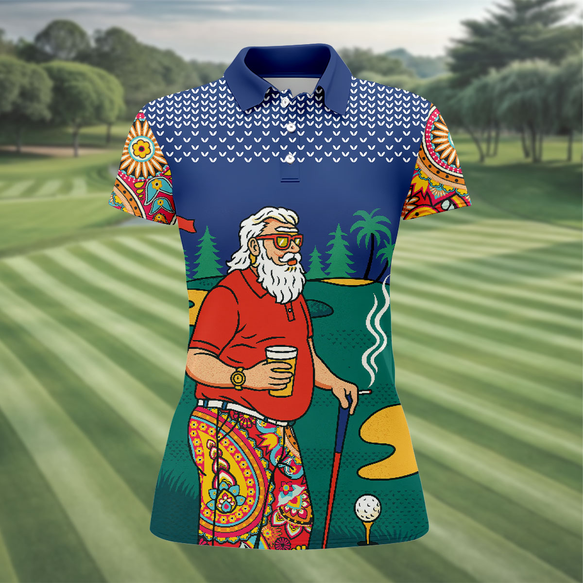 Retro Bearded Golfer Holding Beer Golf Polo Shirt, Women’s Golf Apparel, Ladies Golf Tops
