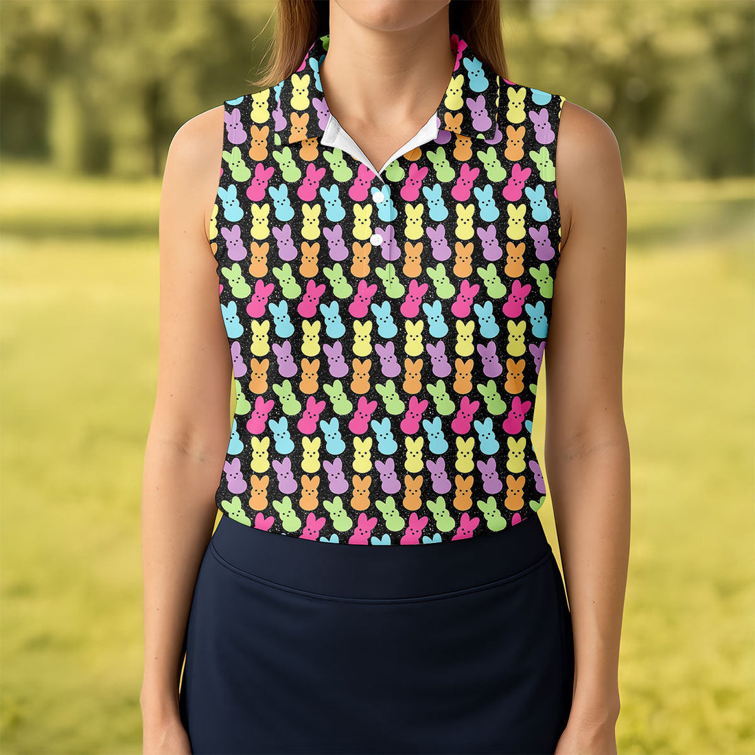 Colorful Easter Peeps Black Golf Shirt, Women Golf Top, Cute Golf Outfit, Ladies Golf Shirts