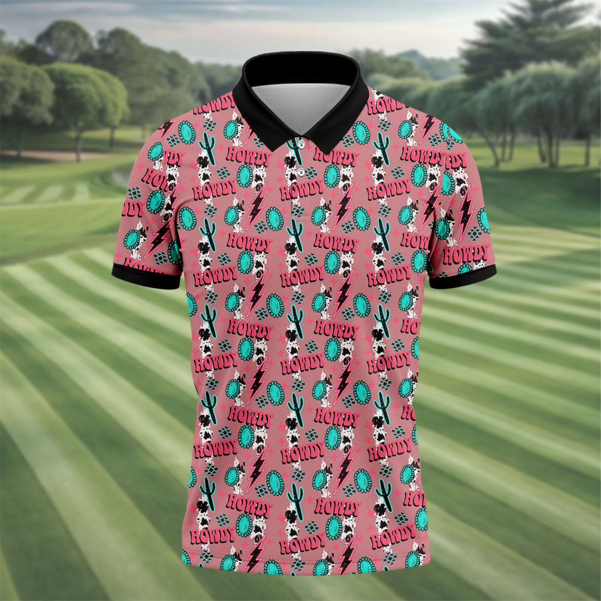Howdy Pink Lightning Bolts Western Theme Golf Tops For Men, Polo Shirtor Men, Golf Shirts For Men