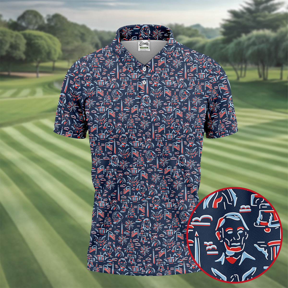 Red White Blue Outlined Patriotic American 250th Anniversary Navy Golf Shirt, 4th Of July Golf Shirts For Men