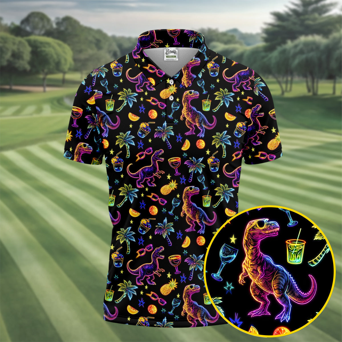 Neon Dinosaur Tropical Theme Hawaiian Golf Shirt, Polo Shirtor Men, Golfing Apparel