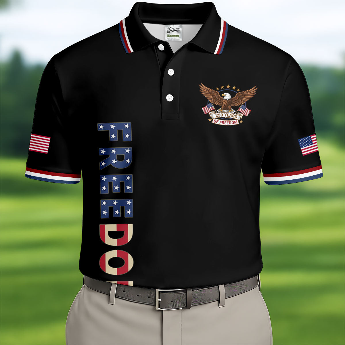 250 Years Of Freedom US Flag Logo Black Golf Shirt, Patriotic 4th Of July Golf Shirts For Men