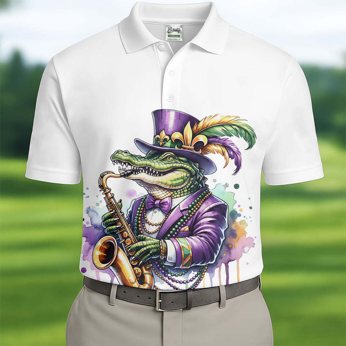Mardi Gras Alligator Playing Saxophone White Golf Shirt, Golf Shirts For Men, Polo Shirt Men