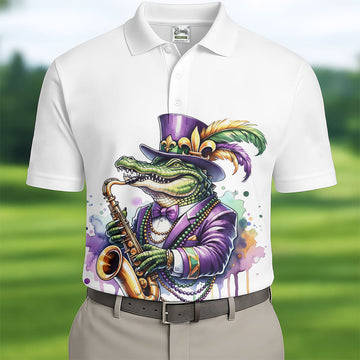 Mardi Gras Alligator Playing Saxophone White Golf Shirt, Golf Shirts For Men, Polo Shirt Men
