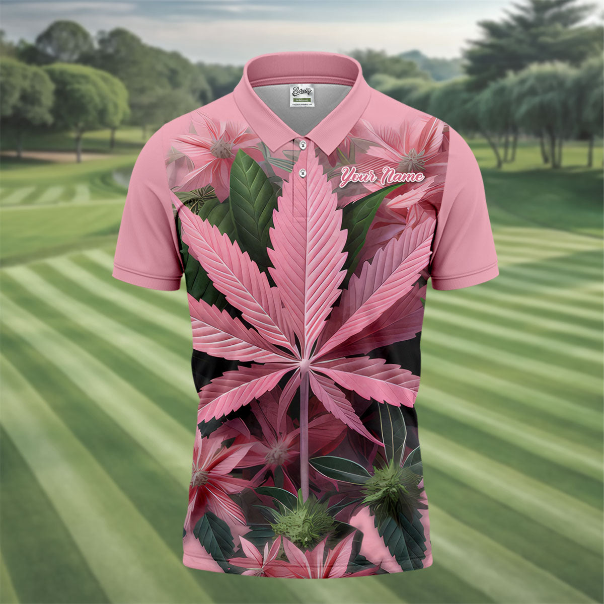 Pink Marijuana Leaf Men's Golf Shirt, Funny Weed Golf Shirt, Custom Mens Golf Shirt