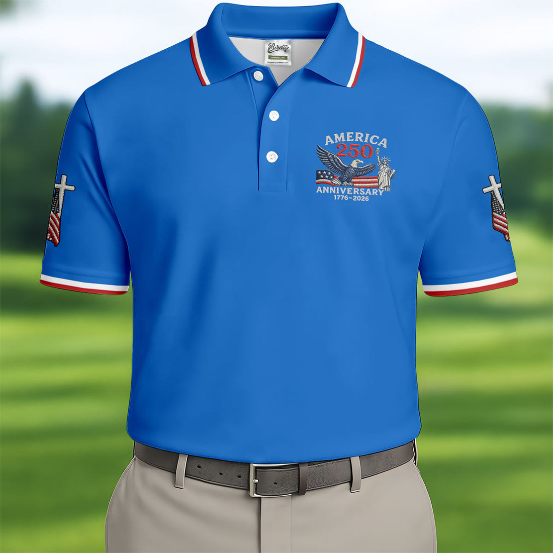 Faith Cross Bald Eagle America 250 Anniversary Blue Patriotic Golf Shirt, Golf Shirts For Men