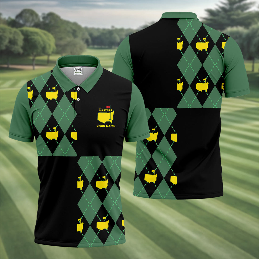 Green and Black Argyle Golf Shirt, Mens Golf Polo Shirt Cool Golf Gifts, Golfing Apparel