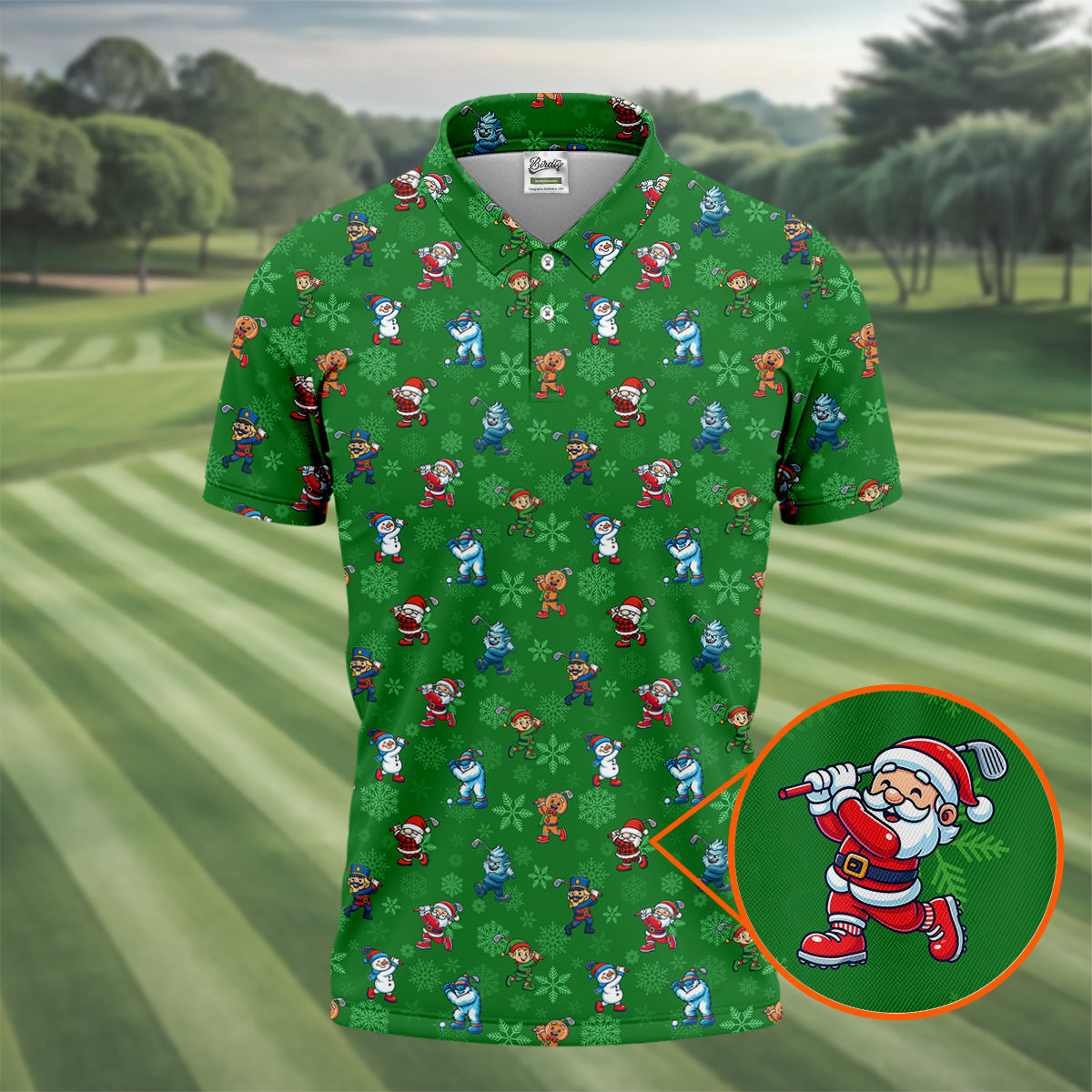 Funny Christmas Characters Golf Pose Green Golf Shirt, Christmas Golf Shirt, Polo ShirtFor Men