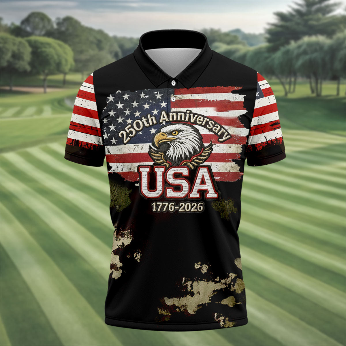 250th Anniversary USA 1776-2026 Distressed Flag Men's Golf Polo ShirtPatriotic 4th Of July Golf Shirt