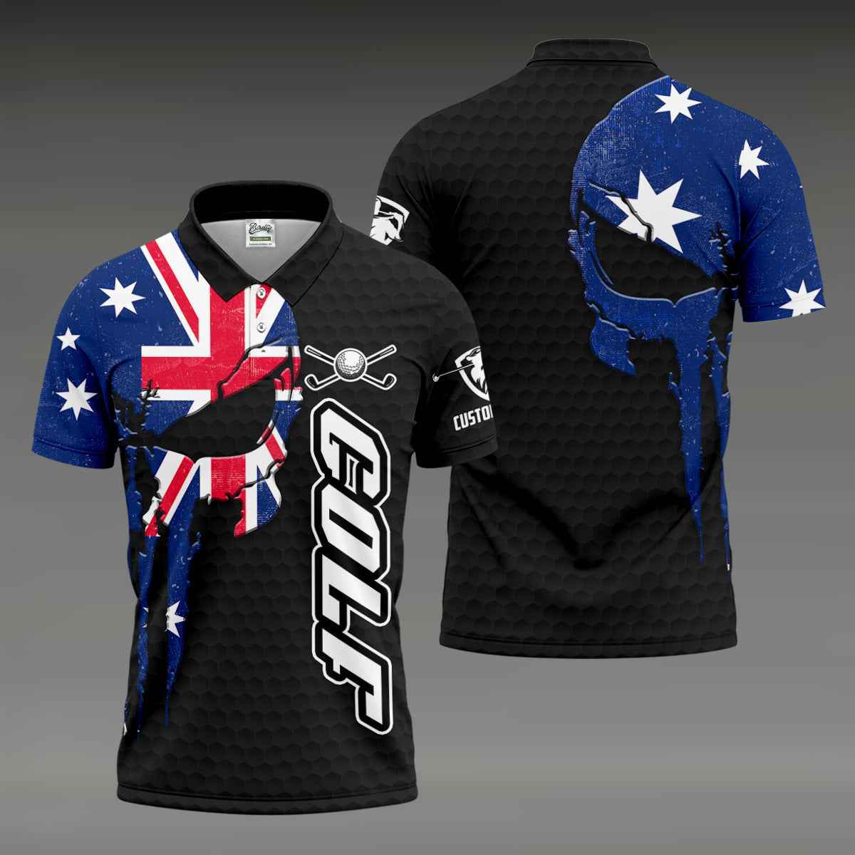 Cool Skull Golf Ball Pattern Australia Flag Print Black Golf Shirt, Polo Shirtor Men