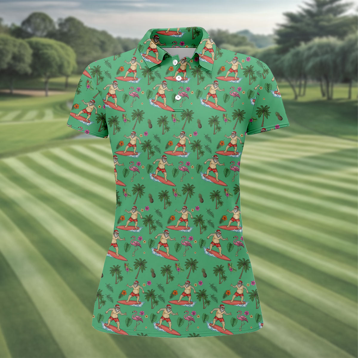 Santa Flamingo Tropical Golf Shirt, Christmas Golf Shirt, Women’s Golf Apparel