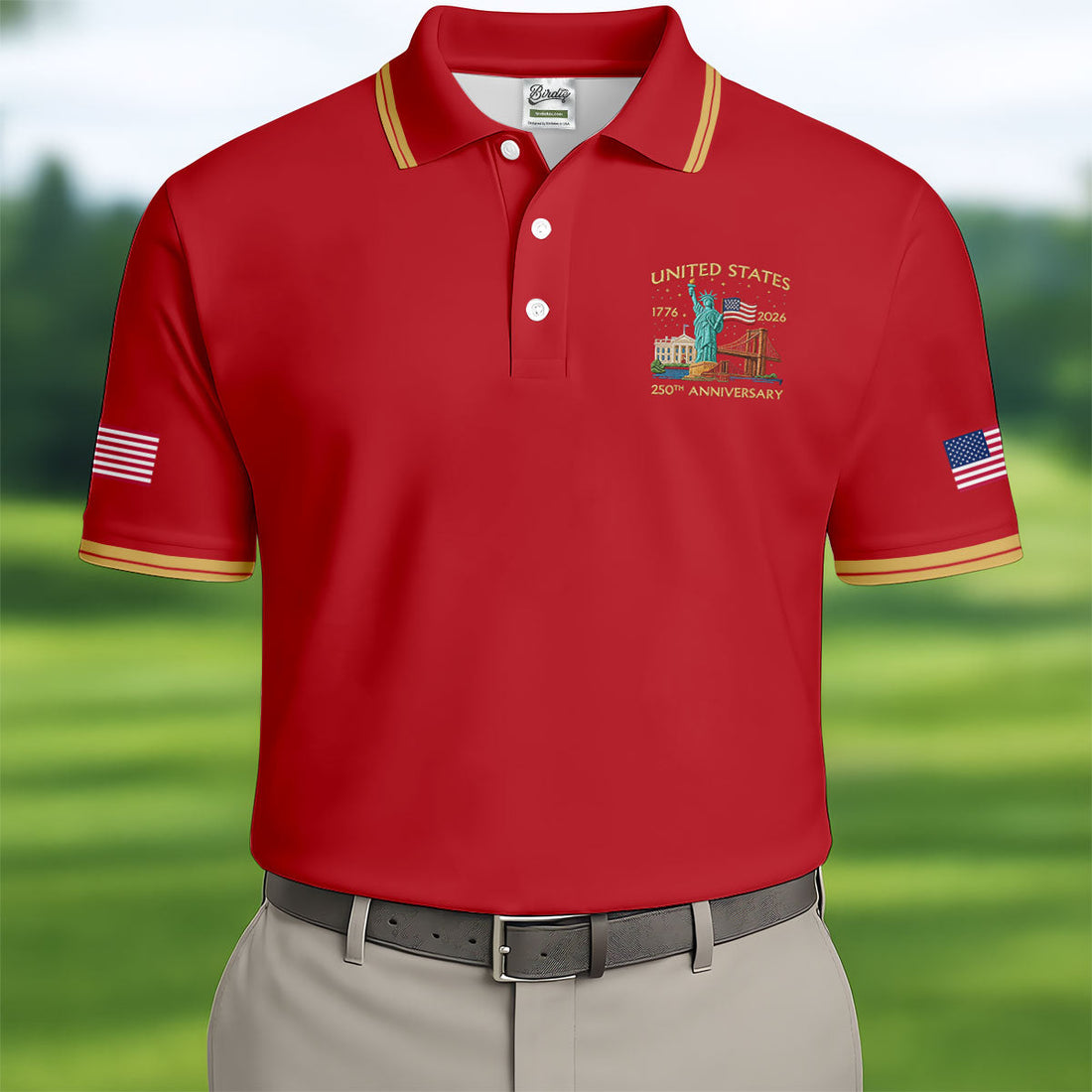 American Symbols Red Patriotic Golf Shirt, US 250 Years 4th Of July Golf Shirts For Men
