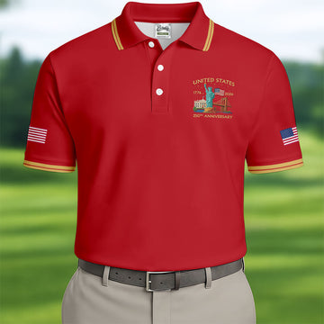 American Symbols Red Patriotic Golf Shirt, US 250 Years 4th Of July Golf Shirts For Men
