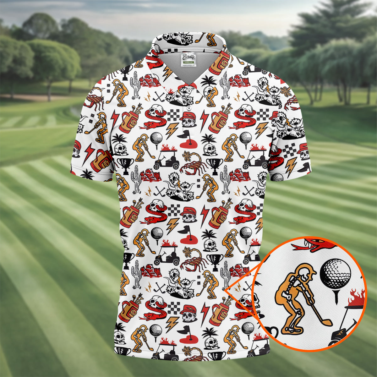 Horror Pattern White Halloween Golf Tops For Men, Fun Golf Shirts For Men, Halloween Gift Idea