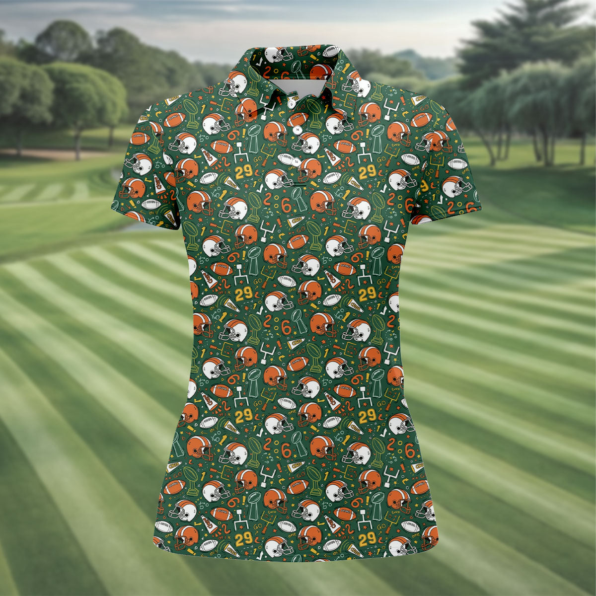 Orange And White Football Helmet Trophy Pattern Game Day Football Theme Women's Green Polo Shirts