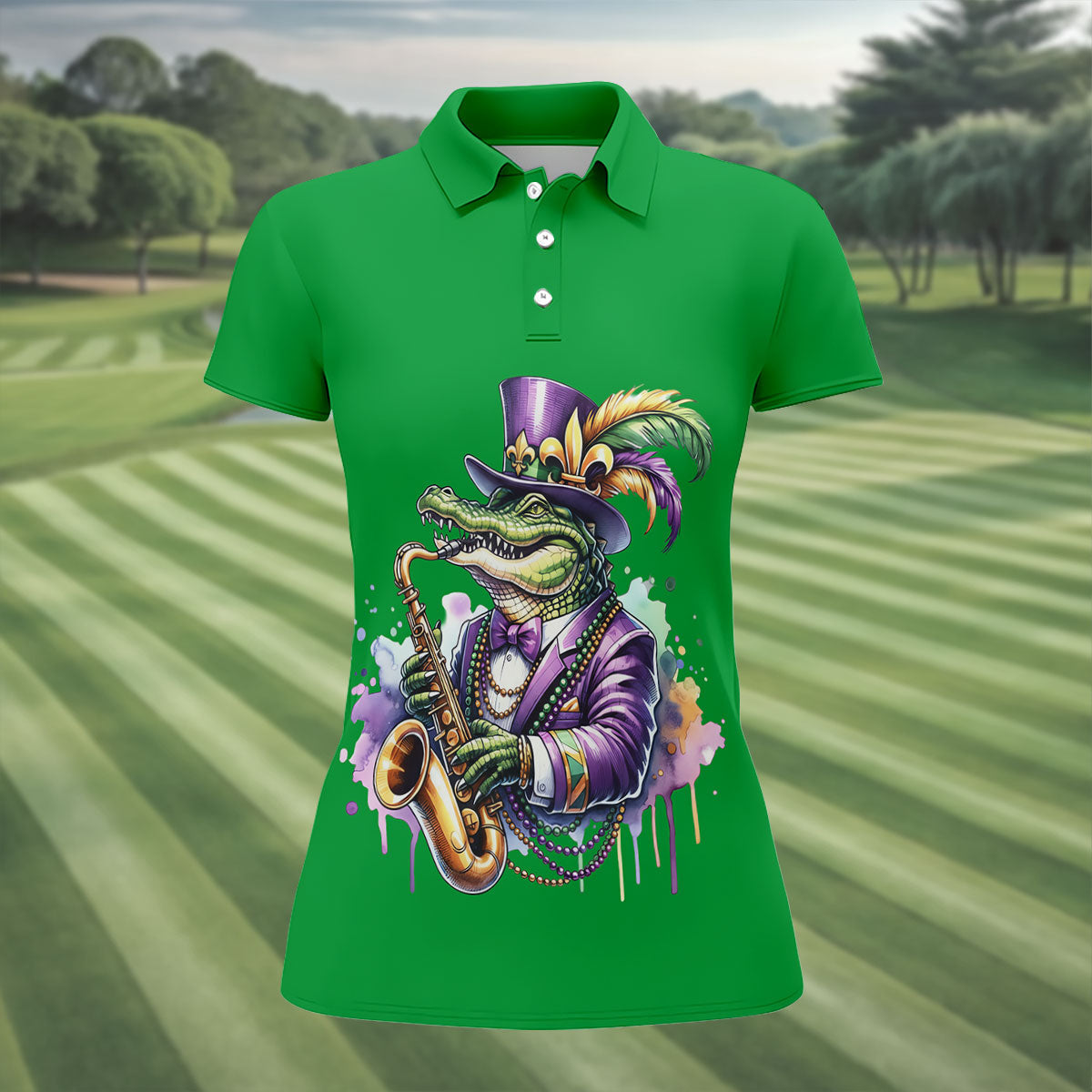 Mardi Gras Alligator Playing Saxophone Green Golf Shirt, Women's Golf Tops, Ladies Golf Shirt