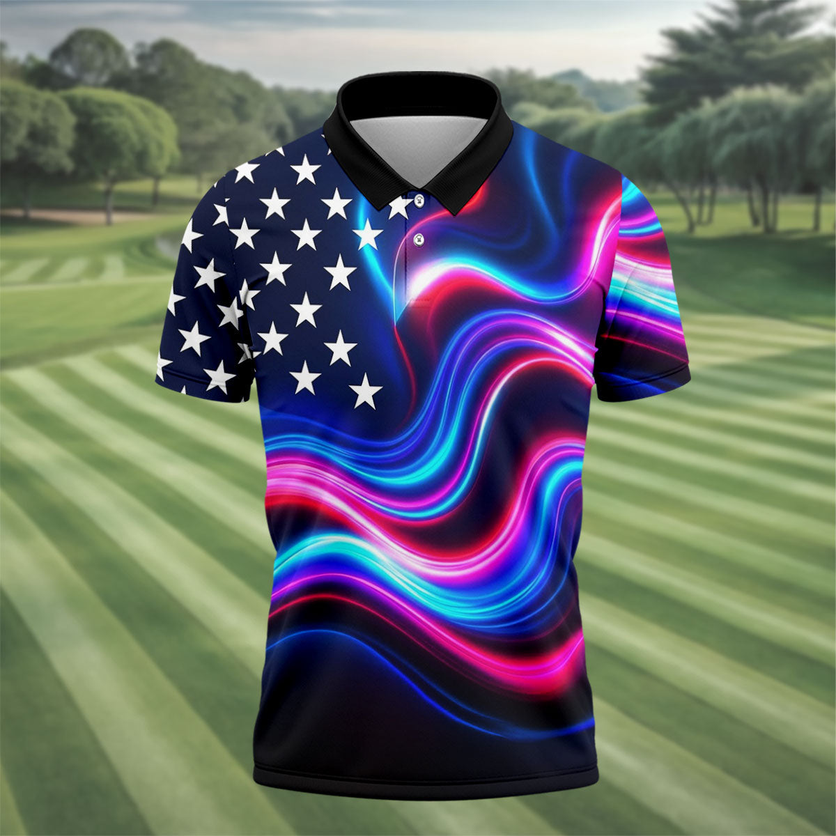Star Pattern Neon Color Wavy Stripes 250th Anniversary, Patriotic 4th Of July Golf Shirts For Men