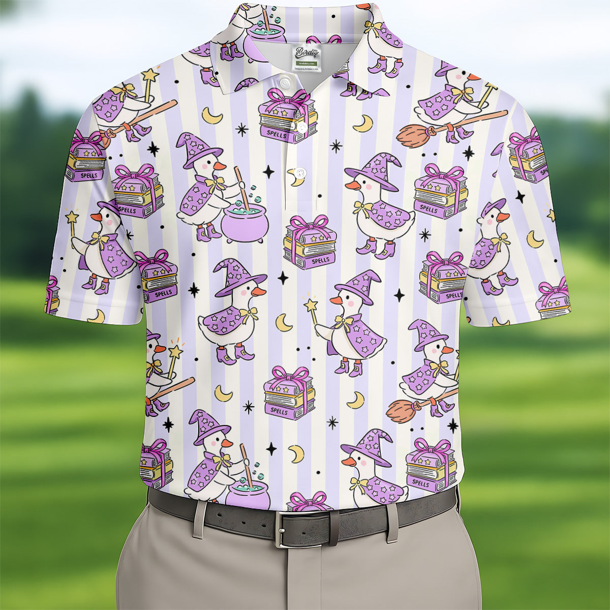 Halloween Witch Goose Purple Pastel Fun Golf Shirts For Men, Polo ShirtFor Men, Golfing Apparel