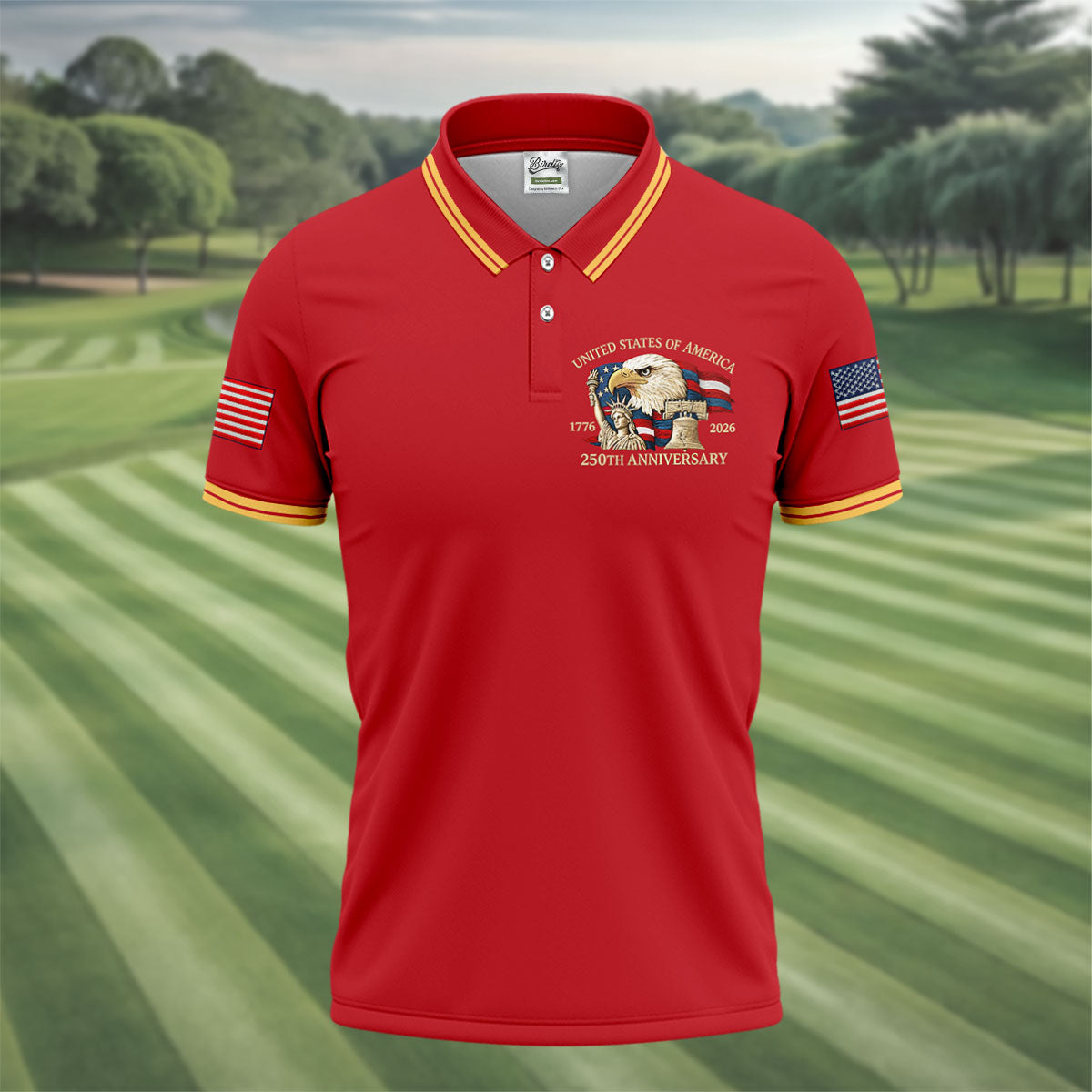 Bald Eagle American Flag 250 Years Red Golf Shirt, Patriotic 4th Of July Golf Shirts For Men