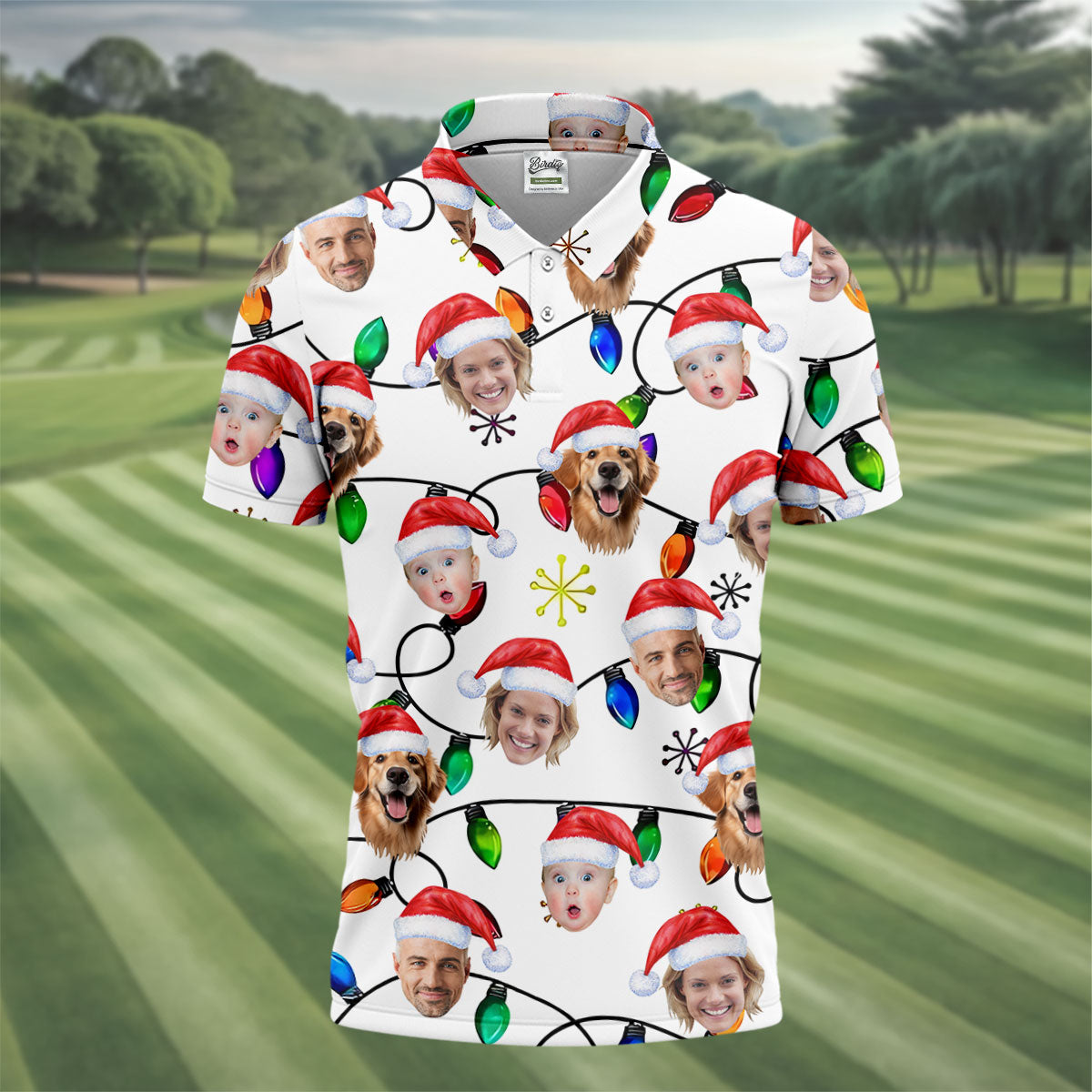 Custom Family Portrait Christmas Lights Pattern Men's Golf Polo Shirtristmas Golf Shirt, Golf Gift For Men