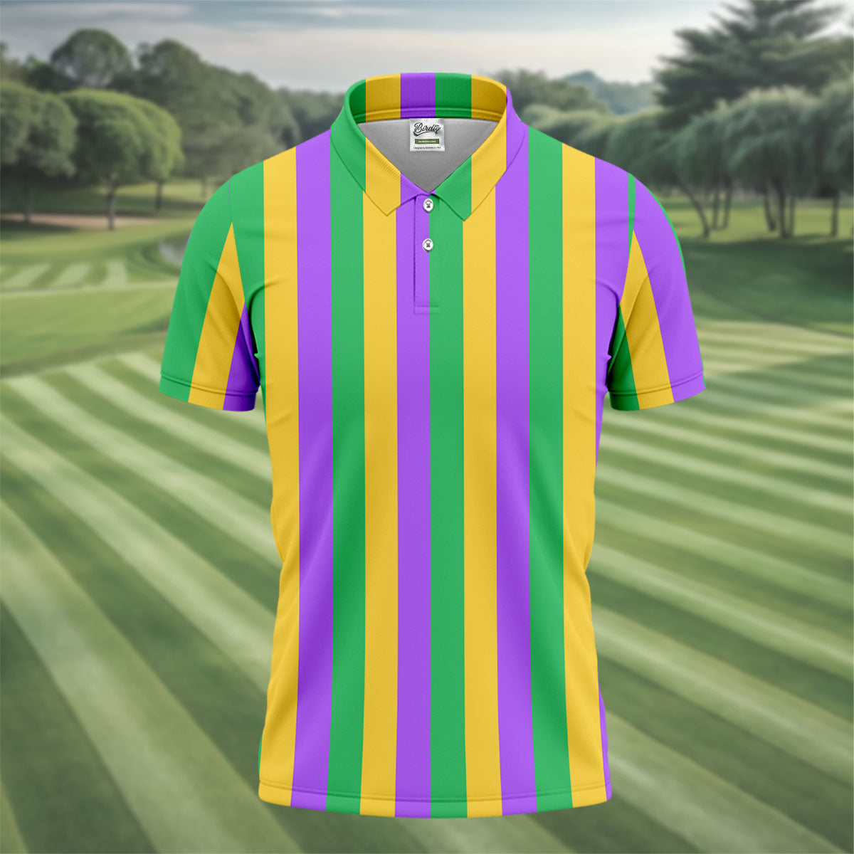 Green Gold Purple Vertical Stripe Mardi Gras Golf Shirt, Polo ShirtFor Men, Golf Shirts For Men