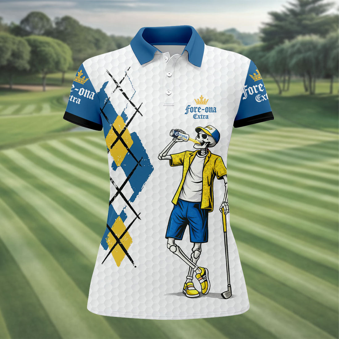 Blue Yellow Skeleton Golfer Beer Polo Shirt, Women’s Golf Apparel, Golf Shirts For Women