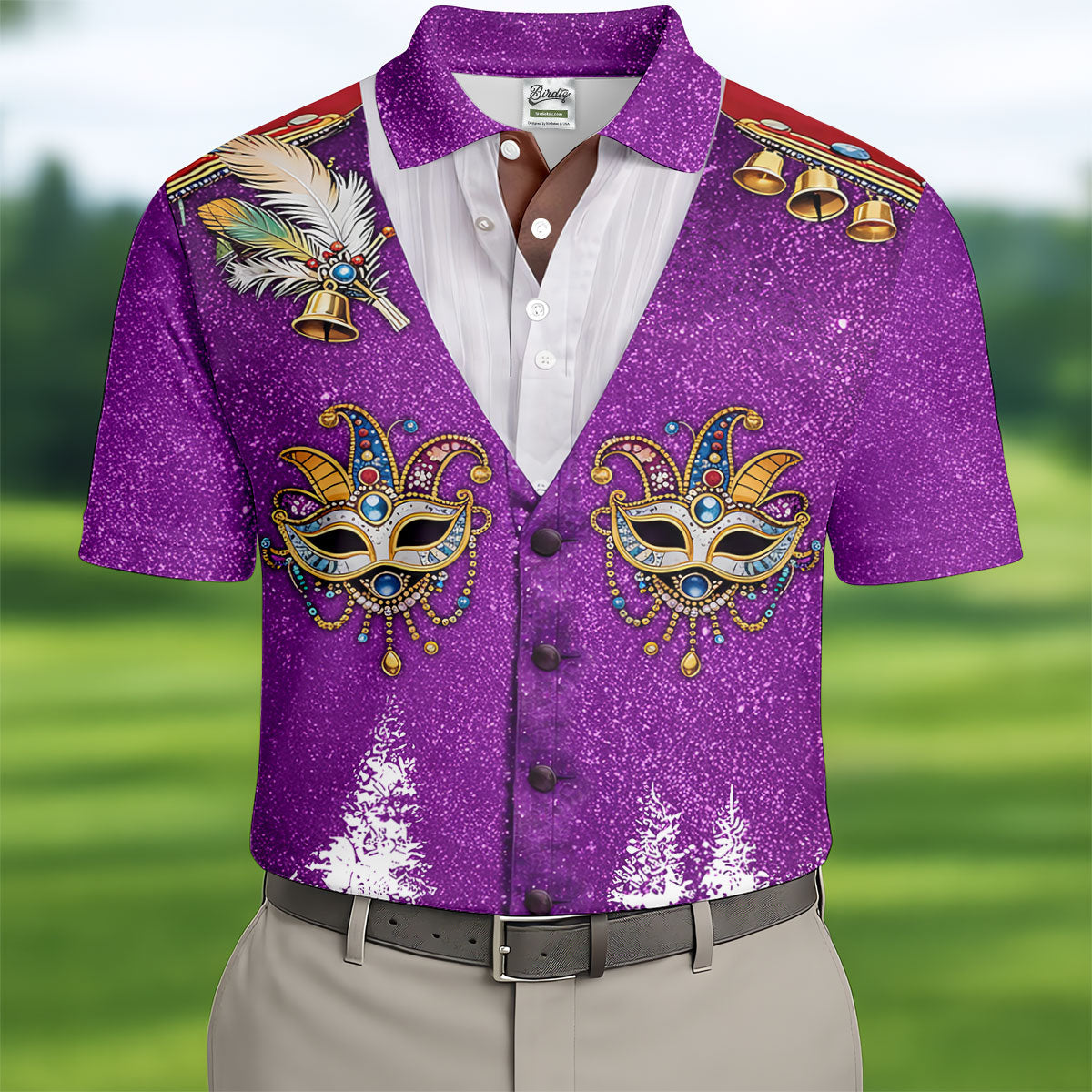 Masquerade Mask Feather Mardi Gras Glitter Print Purple Golf Shirt, Polo ShirtFor Men, Golf Shirts For Men