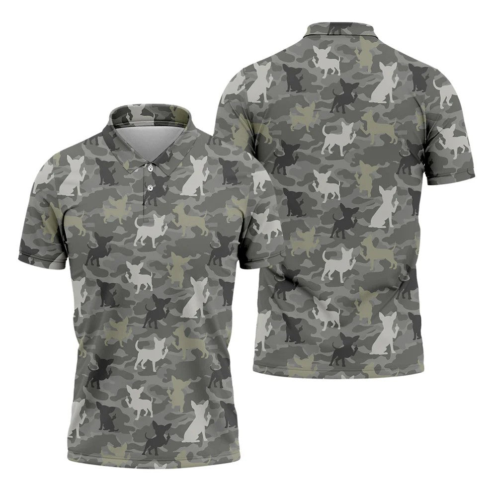 Grey Camo Chihuahua Dog Pattern Golf Shirt, Mens Polo Shirt, Golf Shirts For Men, Performance Golf Shirt