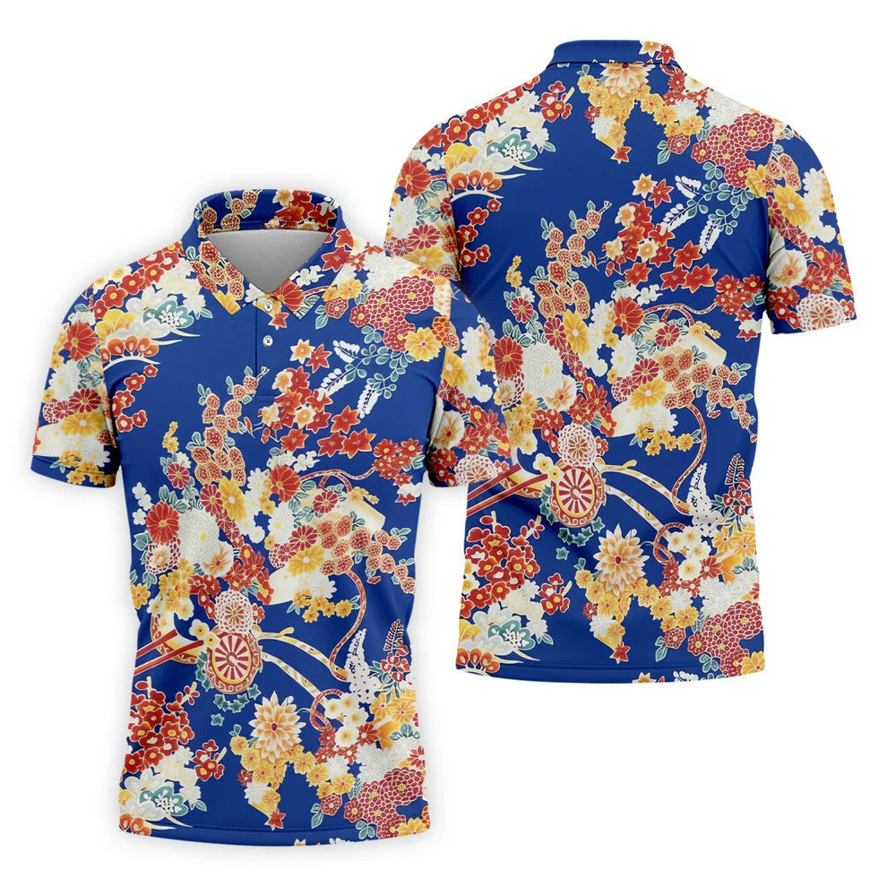 Royal Blue Japanese Floral Pattern Golf Shirt, Mens Golf Apparel, Printed Golf Shirts