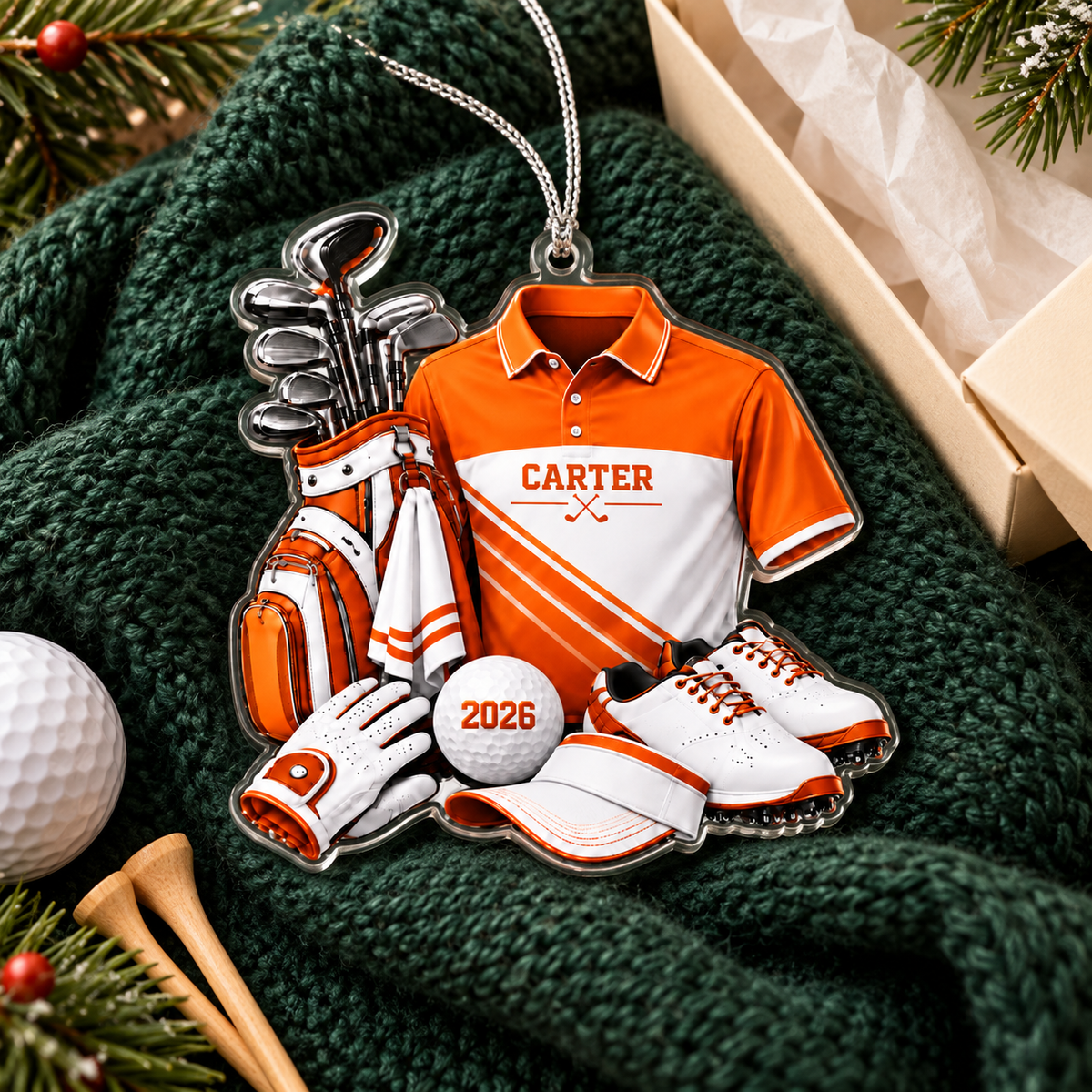 Custom Name Orange Golf Shirt And Bag Acrylic Ornament, Christmas Gifts, Golfer Gifts