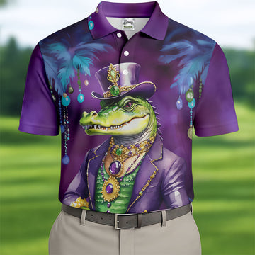 Mardi Gras Alligator Purple Golf Shirt, Men's Funny Golf Shirts, Polo ShirtFor Men, Golf Shirts For Men